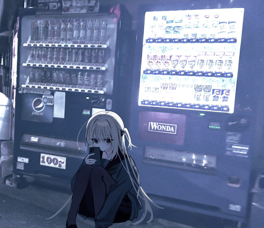 1girl, black_sailor_collar, black_serafuku, cellphone, highres, long_hair, long_sleeves, original