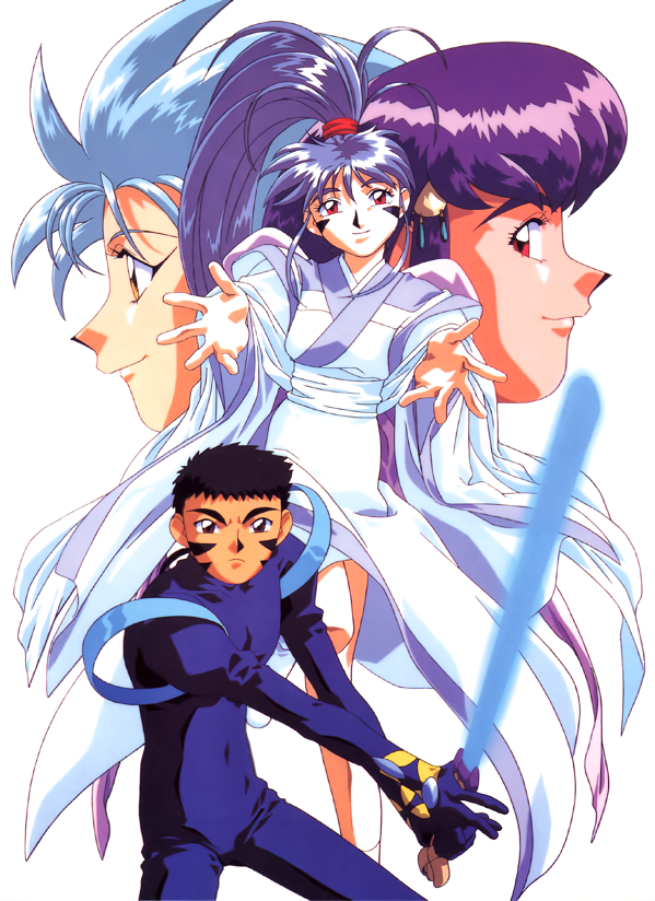 1990s_(style), 1boy, 3girls, aqua_hair, black_hair, blue_hair, bodysuit, brown_eyes