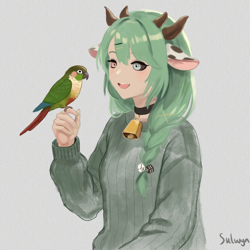 1girl, :d, absurdres, animal_ears, bell, bird, bird_on_hand, black_choker