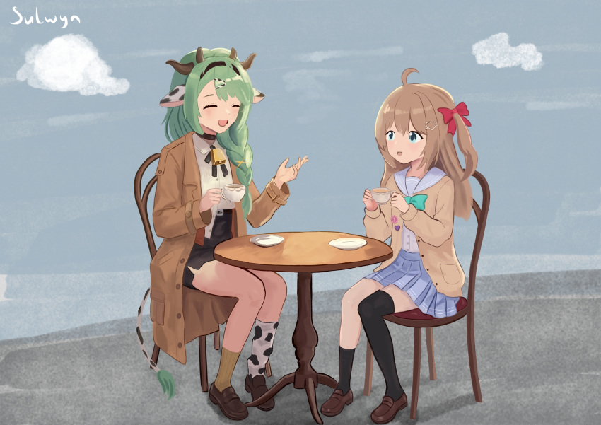 2girls, :d, absurdres, ahoge, animal_ears, aqua_bow, aqua_bowtie, asymmetrical_bangs