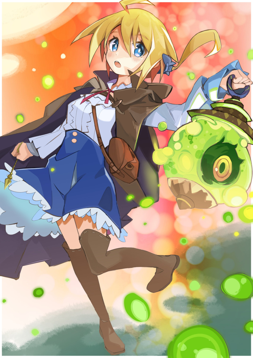 1girl, 1other, absurdres, ahoge, bag, blonde_hair, blue_eyes, blue_skirt