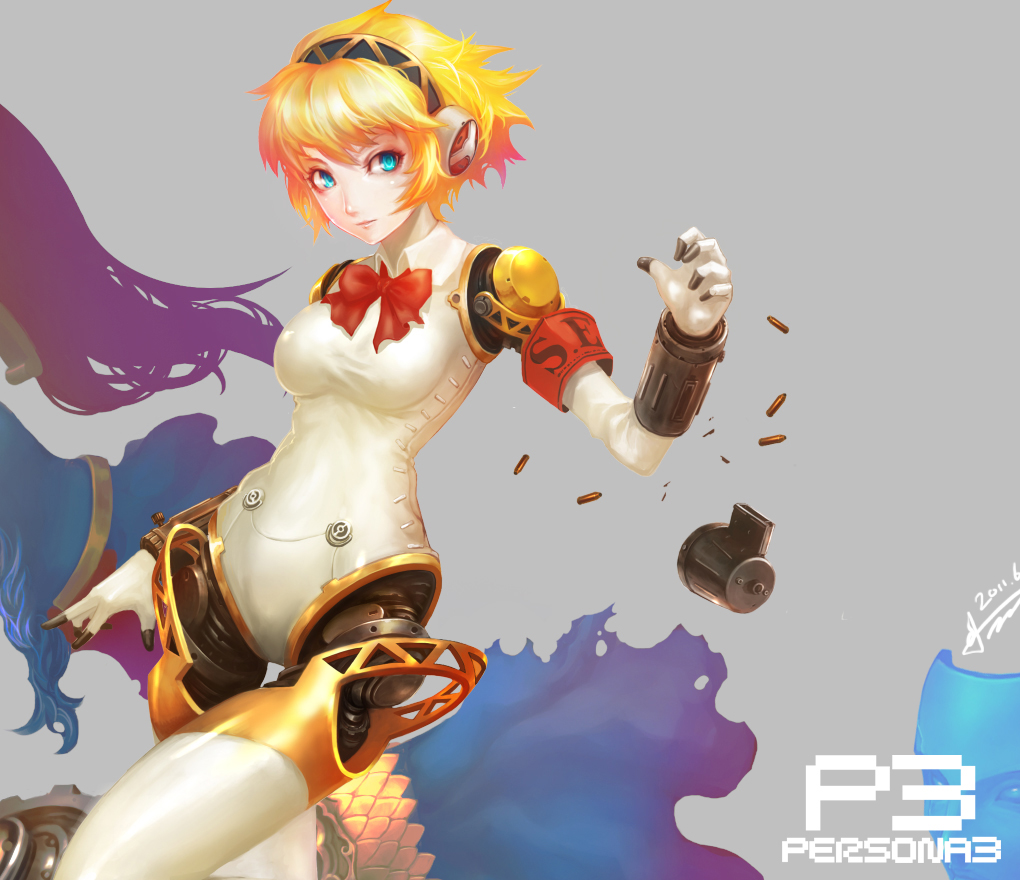 android, armband, blonde_hair, blue_eyes, bow, jay_b_lee, palladion, persona, persona_3, shell_casing, short_hair, simple_background, solo