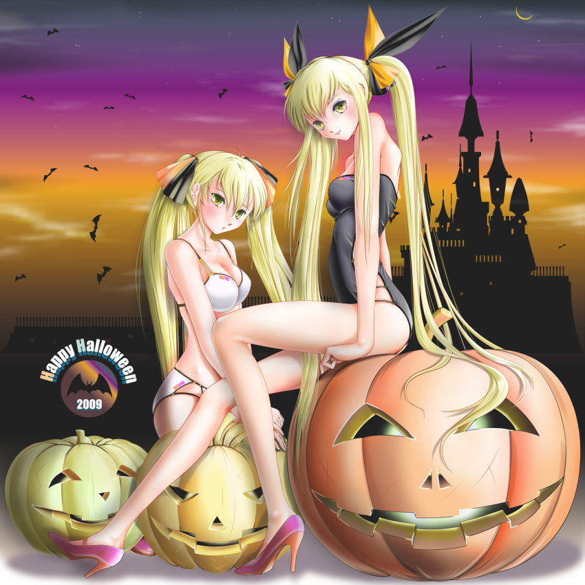 2girls, bat, bikini, blonde_hair, castle, halloween, high_heels, highres