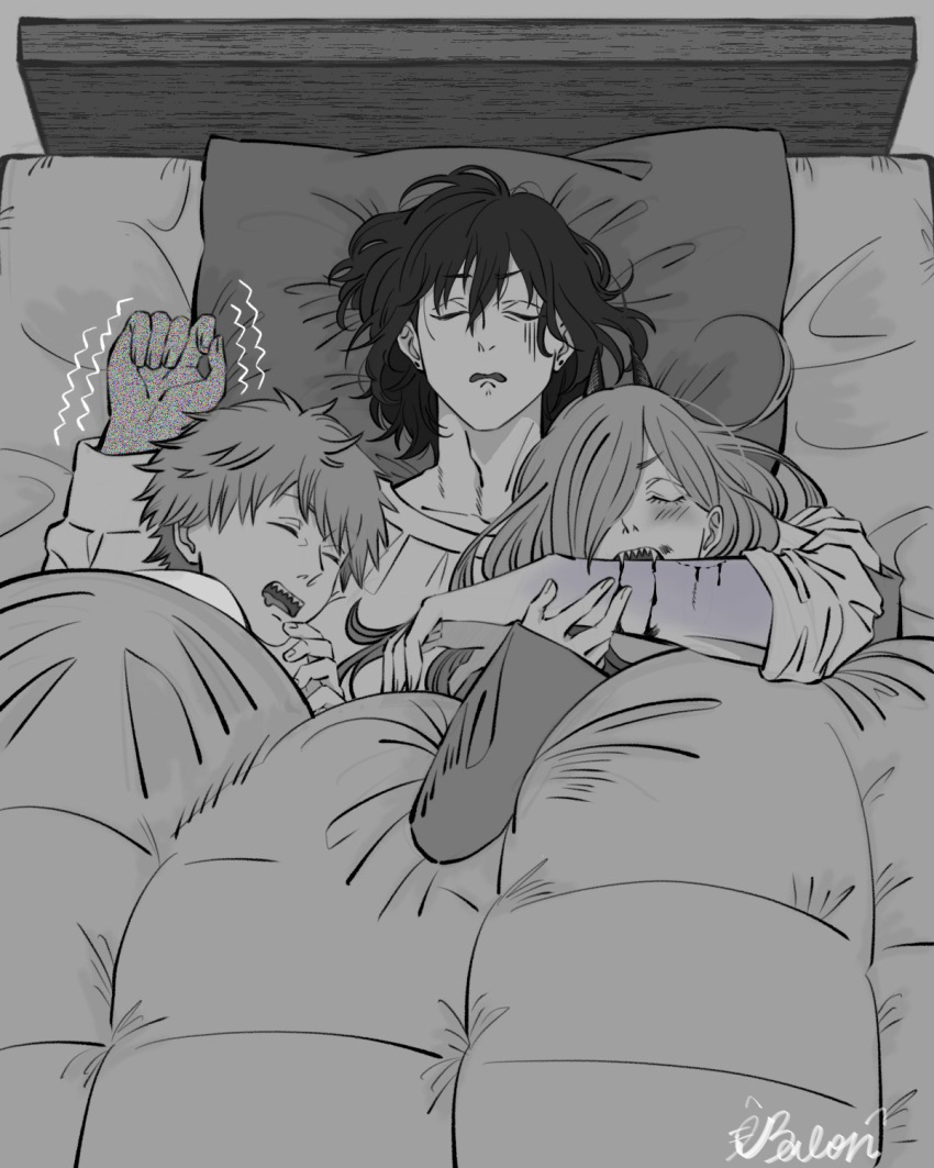 1girl, 2boys, artist_name, balon, bite_mark, biting, biting_another's_arm, blanket