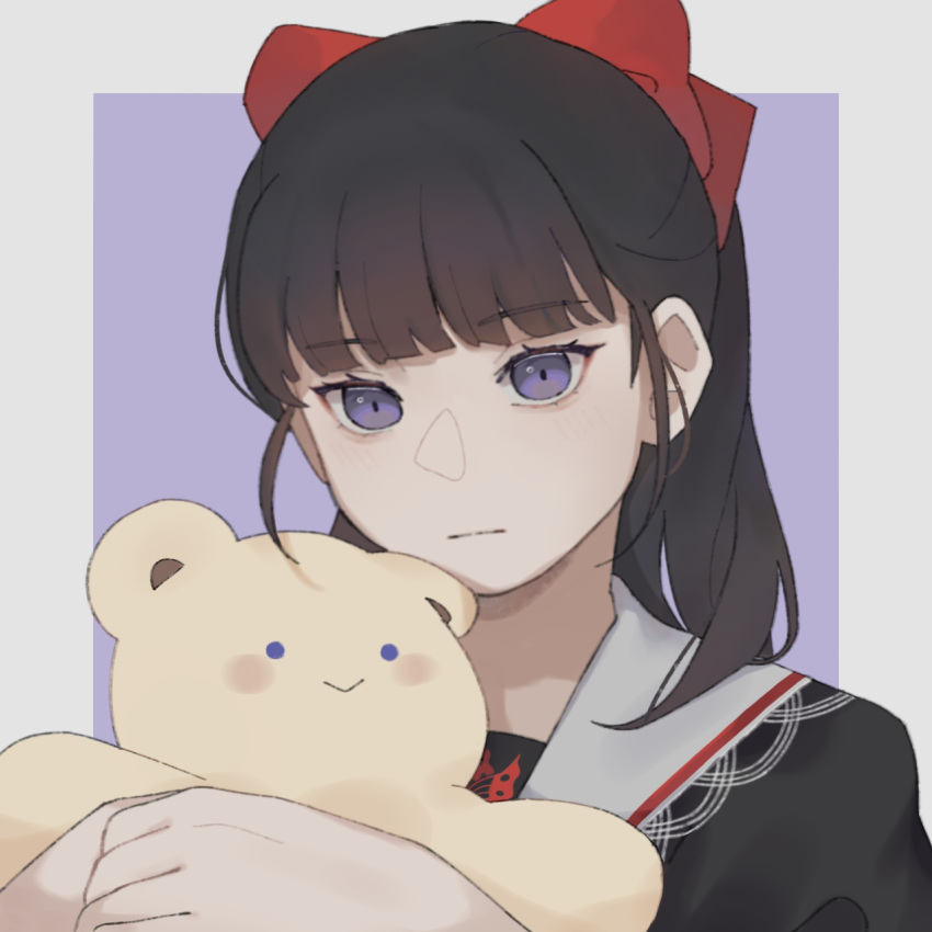 1girl, black_hair, black_shirt, blue_eyes, blunt_bangs, bow, closed_mouth, commentary_request