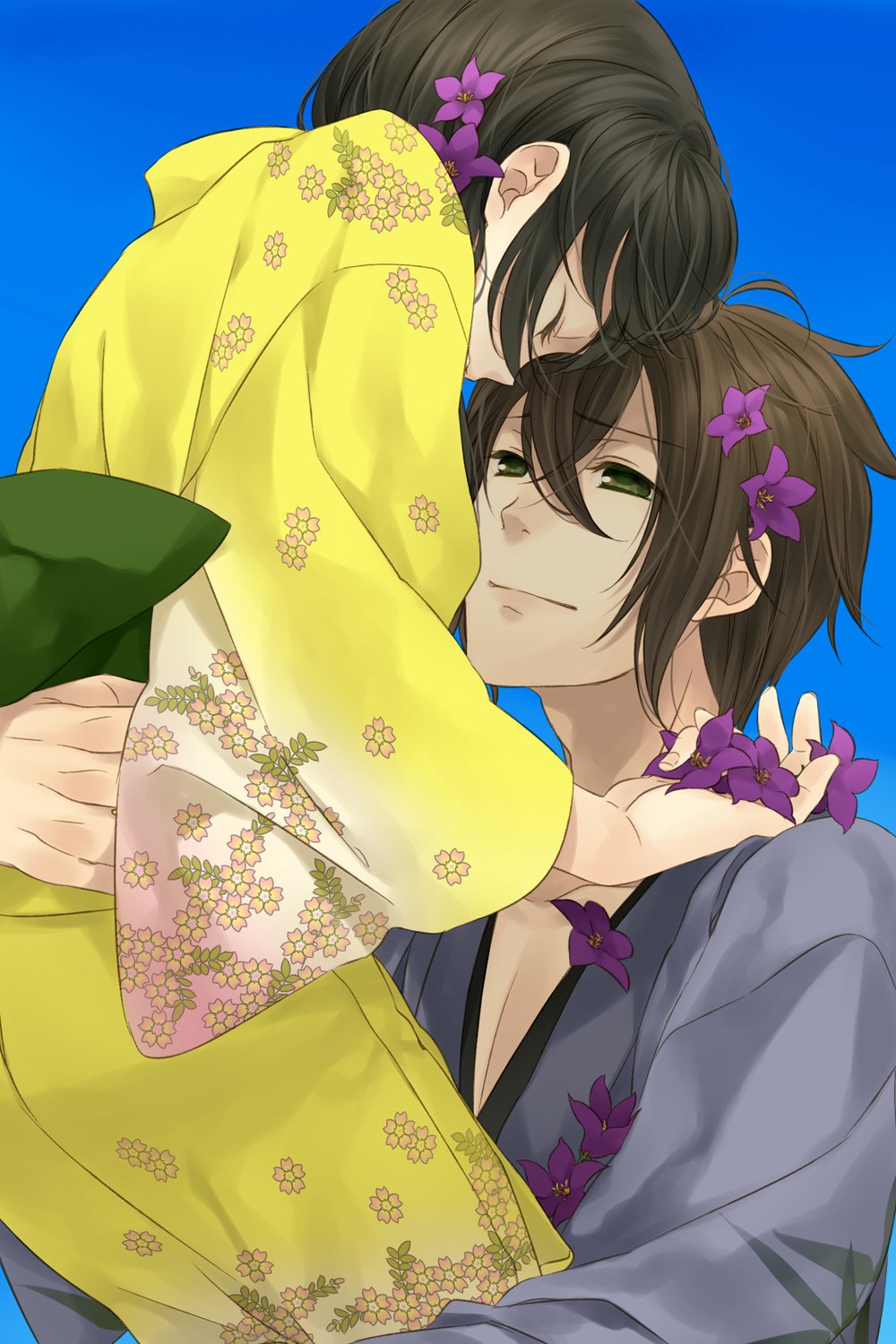 1girl, black_hair, brown_hair, closed_eyes, eto_ichika, eyes_closed, flower, green_eyes
