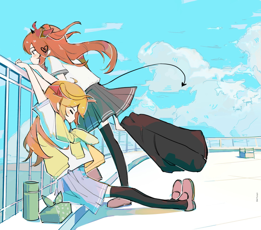 2girls, against_railing, black_cardigan, black_thighhighs, blue_skirt, blue_sky, broken_heart, broken_heart_hair_ornament