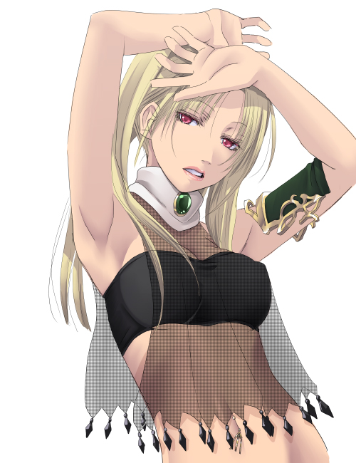 armpits, arms_up, bandeau, bangs, blonde_hair, breasts, bust, choker, cleavage, copyright_request, erect_nipples, fishnets, gem, halterneck, head_tilt, jewelry, lips, lipstick, long_hair, looking_at_viewer, makeup, midriff, mr.romance, navel_piercing, open_mouth, original, parted_bangs, piercing, red_eyes, see-through, simple_background, solo, tubetop, turtleneck, twintails