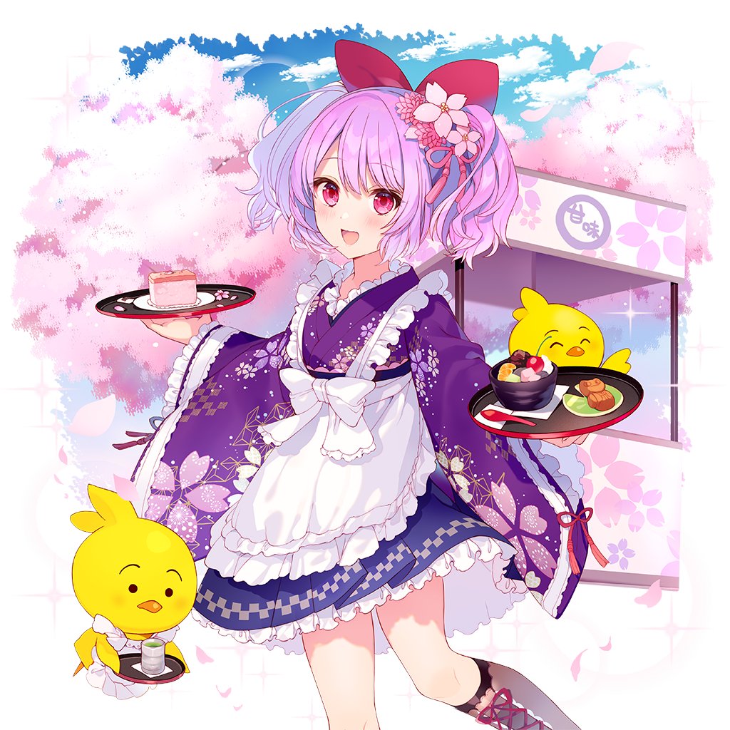 1girl, apron, boots, bow, brown_boots, cherry_blossoms, flat_chest, flower