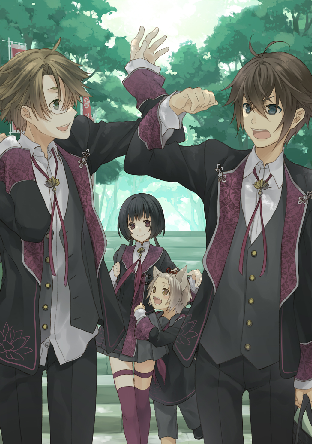 3boys, animal_ears, black_hair, blue_eyes, brown_eyes, brown_hair, eto_ichika, glasses