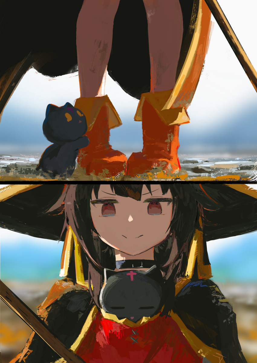 1girl, absurdres, black_choker, black_cloak, black_hair, black_hat, boots, cat