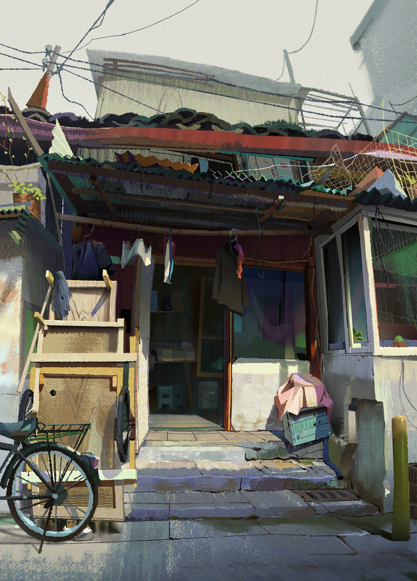 absurdres, angelasungart, bicycle, bucket, building, clothes_hanger, commentary, corrugated_galvanized_iron_sheet