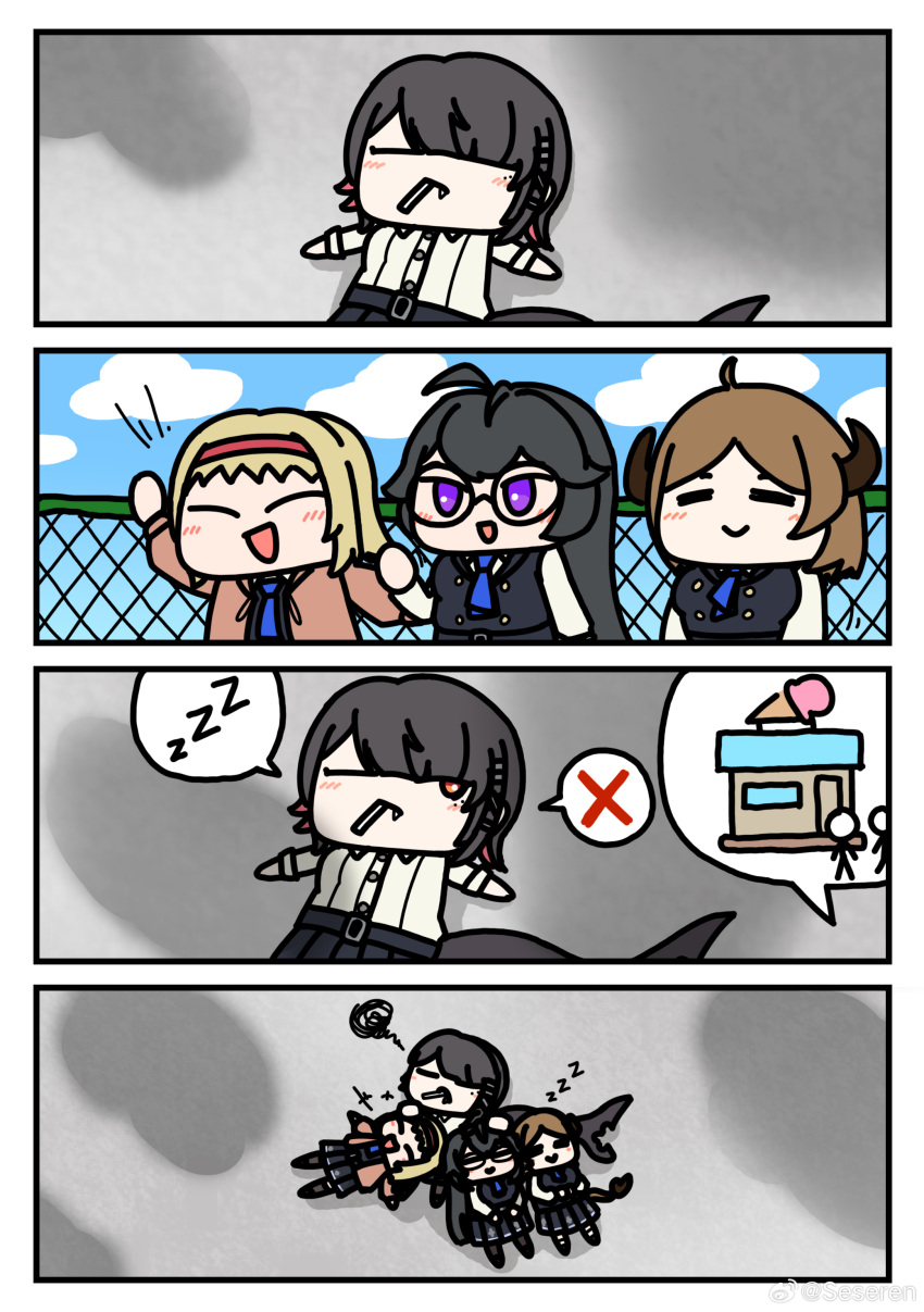 ellen_joe, glasses, long_hair, lynn_(zenless_zone_zero), medium_hair, monna_(zenless_zone_zero), multiple_girls, ruby_(zenless_zone_zero)
