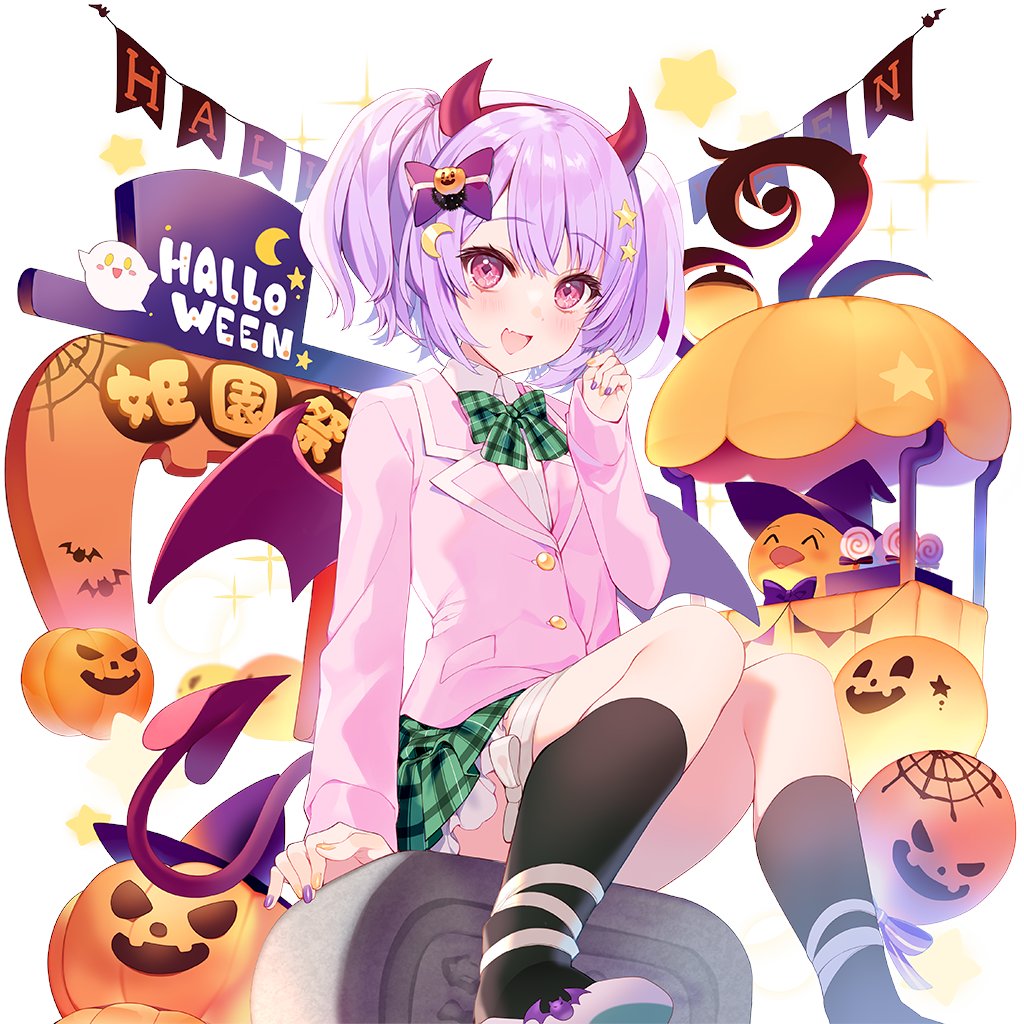 1girl, black_socks, blazer, bow, bowtie, commentary_request, demon_horns, demon_tail