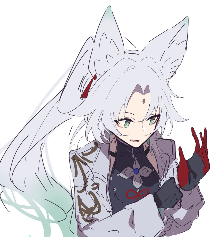 1girl, absurdres, aitekku, animal_ear_fluff, animal_ears, aqua_hair, black_gloves, black_shirt