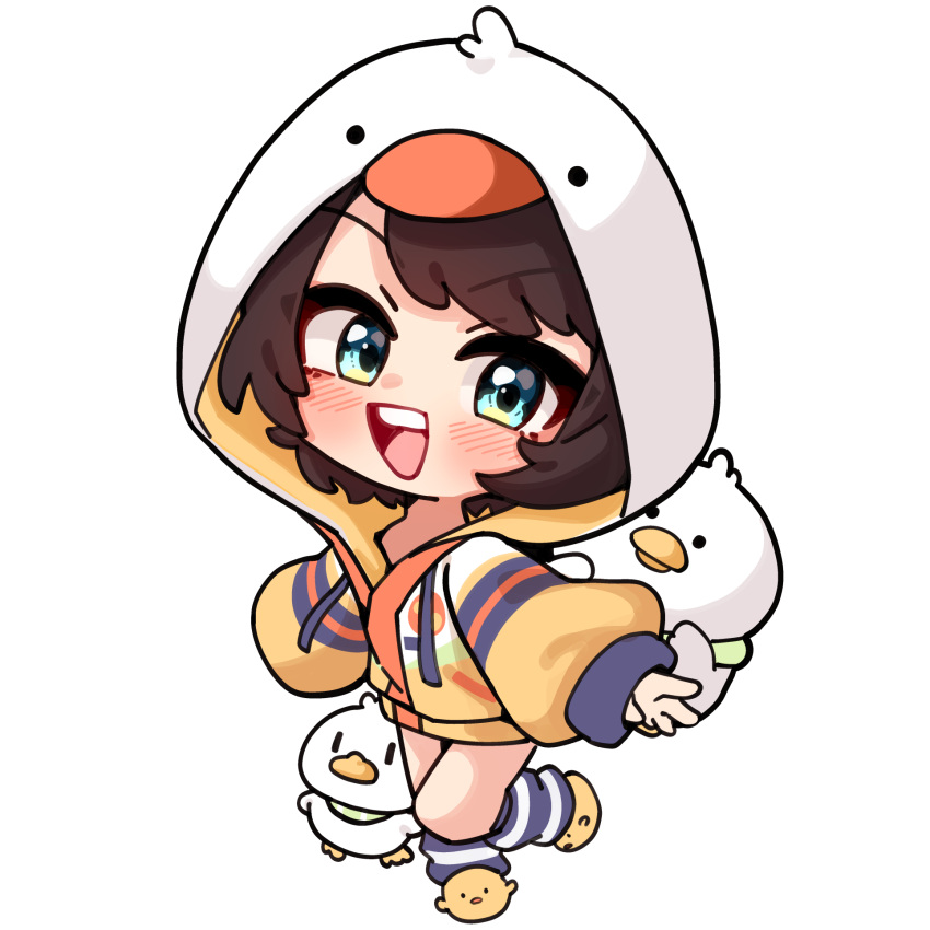 :d, animal_slippers, bird, bird_hood, chibi, commentary, duck, duck_hood