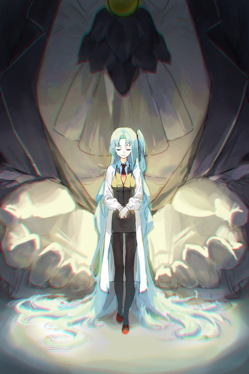 2girls, absurdly_long_hair, absurdres, angela_(project_moon), ascot, black_skirt, black_vest, blue_hair, closed_eyes, closed_mouth, coat, collared_shirt, commentary, dual_persona, english_commentary, gloves, highres, hong_sa, lab_coat, library_of_ruina, lobotomy_corporation, long_hair, long_sleeves, multiple_girls, necktie, one_side_up, parted_bangs, pencil_skirt, project_moon, red_necktie, red_shoes, shirt, shoes, skirt, smile, very_long_hair, vest, white_ascot, white_coat, white_gloves, white_shirt