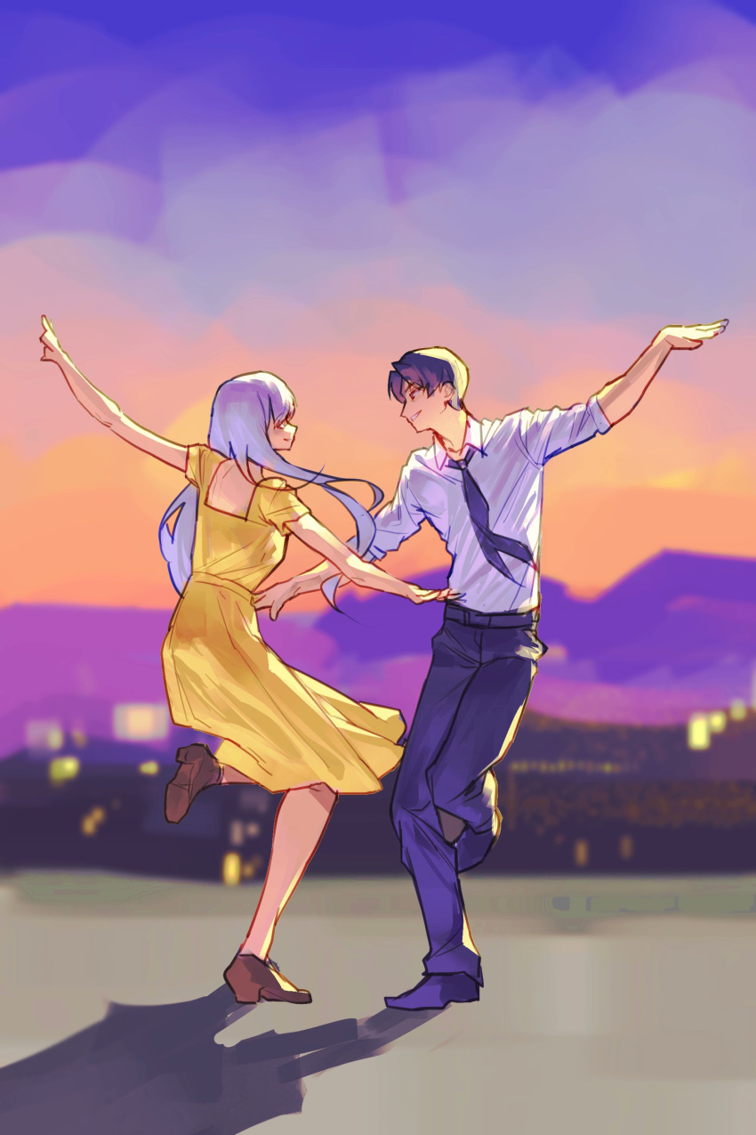 1boy, 1girl, absurdres, angelica_(project_moon), arm_up, black_hair, black_necktie, black_pants, black_shoes, brown_shoes, collared_shirt, cosplay, dress, floating_hair, full_body, hair_intakes, highres, hong_sa, husband_and_wife, la_la_land, library_of_ruina, long_hair, long_sleeves, mia_dolan, mia_dolan_(cosplay), mountainous_horizon, necktie, outdoors, pants, parody, project_moon, roland_(project_moon), sebastian_wilder, sebastian_wilder_(cosplay), shirt, shoes, short_hair, sky, standing, standing_on_one_leg, twilight, white_hair, white_shirt, yellow_dress