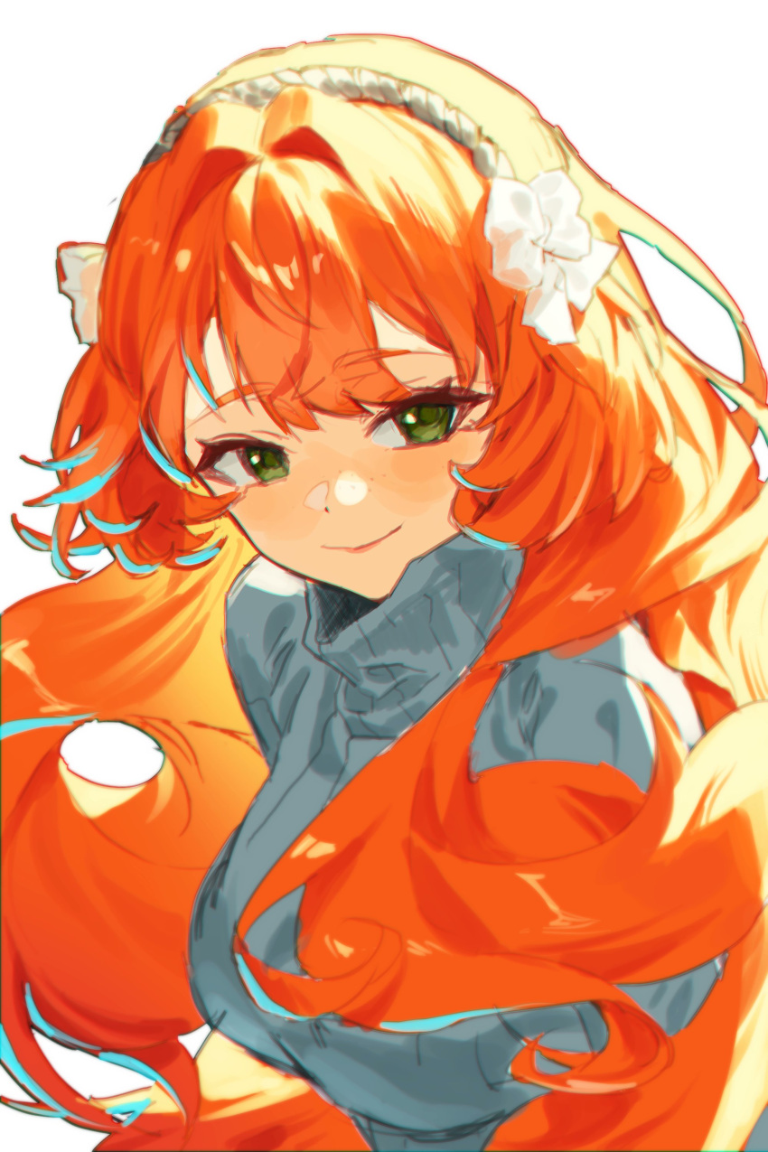 1girl, absurdres, bow, breasts, brown_hairband, closed_mouth, green_eyes, grey_sweater