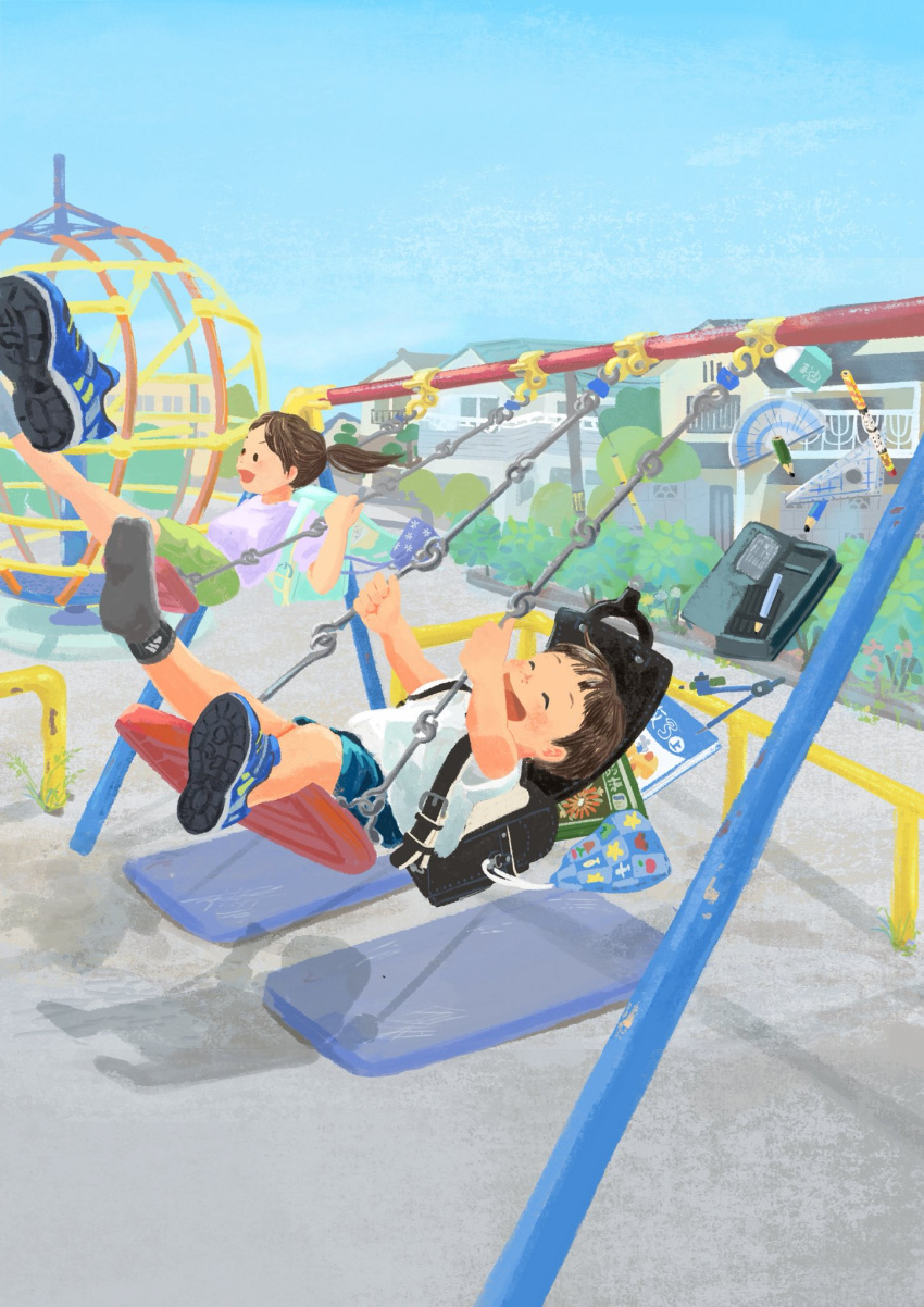 1boy, 1girl, backpack, bag, black_hair, blue_shoes, blue_shorts, building, child, closed_eyes, day, drawstring, drawstring_bag, eraser, green_shorts, grey_socks, highres, house, jungle_gym, mikami_ayuko, original, outdoors, pencil, playground, ponytail, randoseru, shirt, shoes, short_hair, shorts, single_shoe, sneakers, socks, solid_circle_eyes, swing_set, unworn_shoes, white_shirt