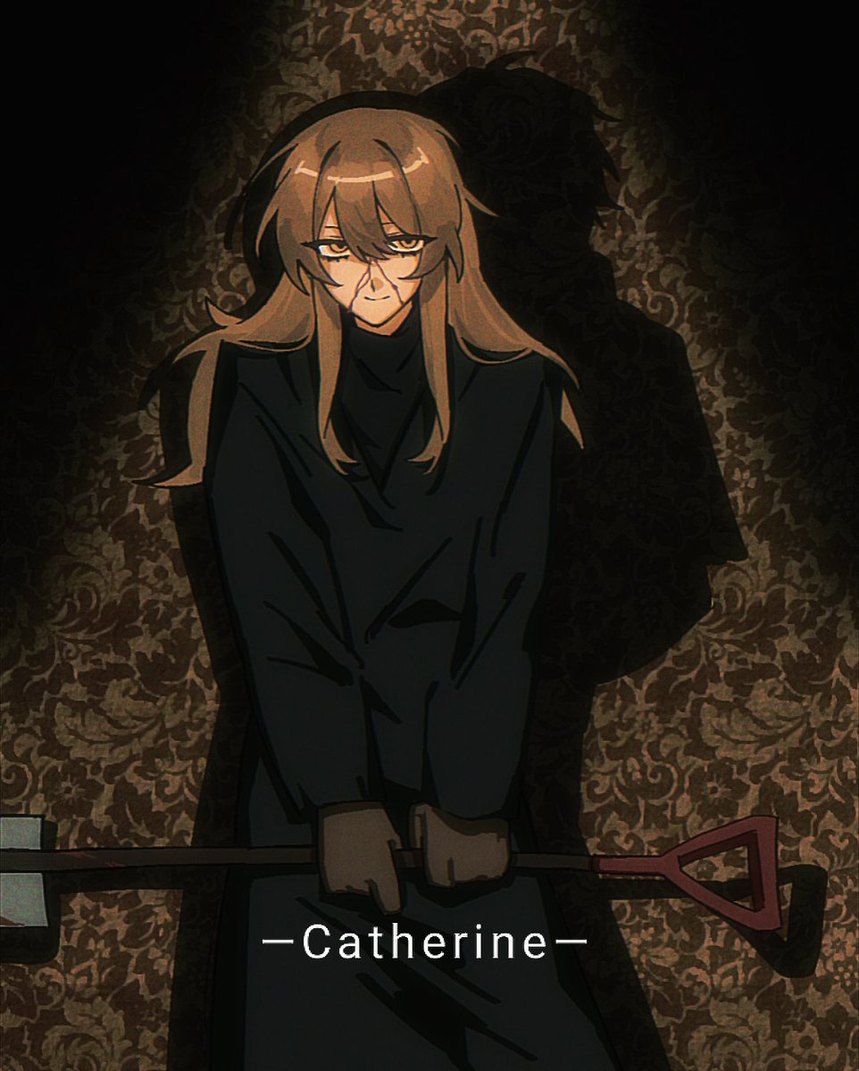 1girl, black_dress, blood, blood_on_face, brown_gloves, brown_hair, catherine_(project_moon), cathy_ww7, closed_mouth, dress, gloves, hashtag-only_commentary, highres, holding, holding_shovel, limbus_company, long_hair, long_sleeves, orange_eyes, project_moon, shadow, shovel, sidelocks, smile, solo, turtleneck, turtleneck_dress, wallpaper_(object)