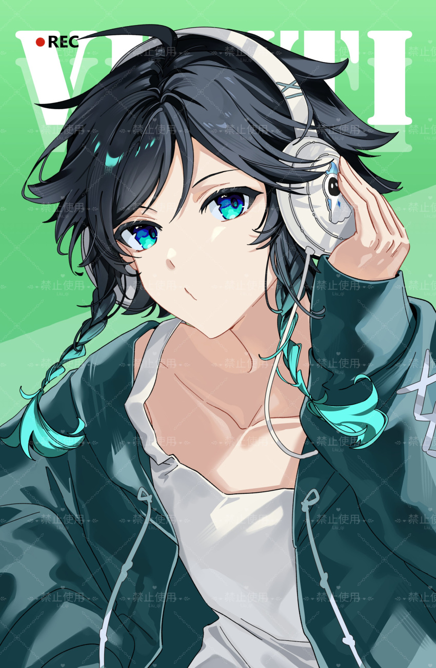 1boy, absurdres, aqua_eyes, aqua_hair, black_hair, braid, c_ixxp, collarbone
