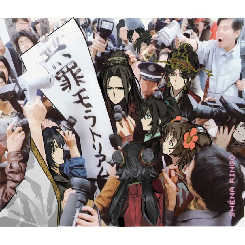 2boys, 5girls, album_cover_redraw, arm_up, black_hair, brown_hair, camera, cathy_ww7