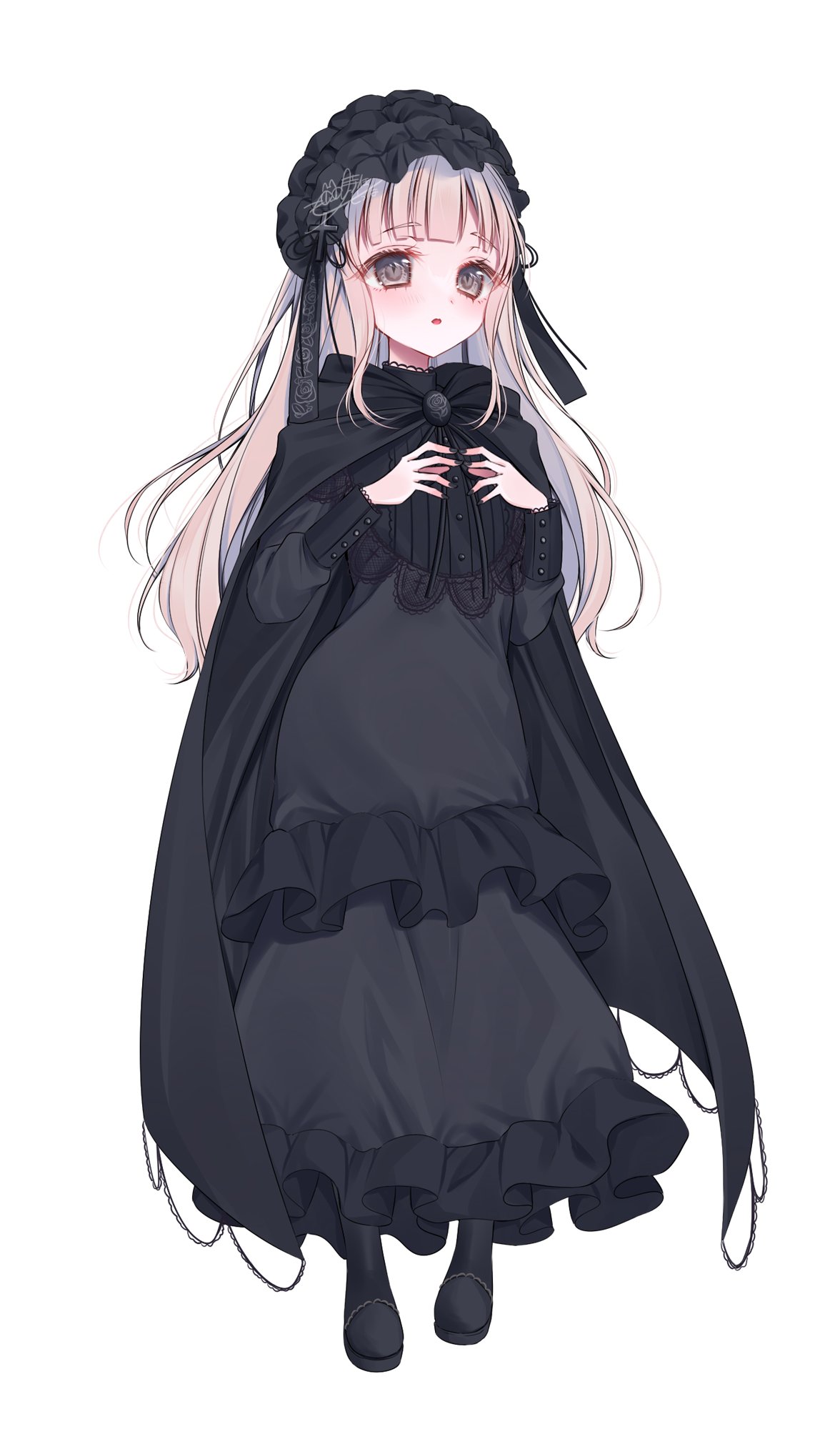1girl, alternate_costume, black_cloak, black_dress, black_headdress, black_nails, black_shoes, black_socks