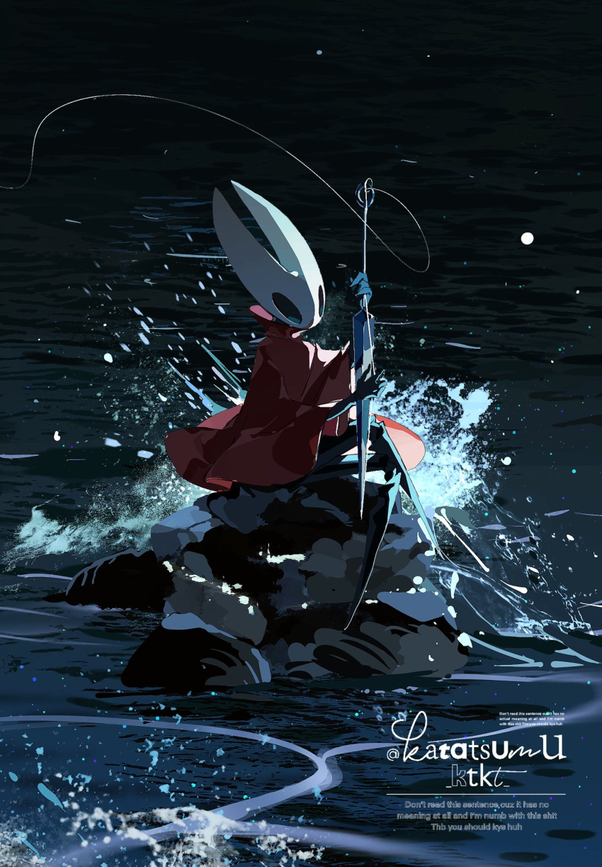 1girl, arthropod_girl, black_eyes, black_skin, cloak, colored_skin, dark, english_text