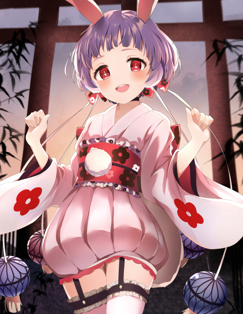 1girl, absurdres, blush, garter_straps, gekokujou_hana, highres, japanese_clothes, leaf