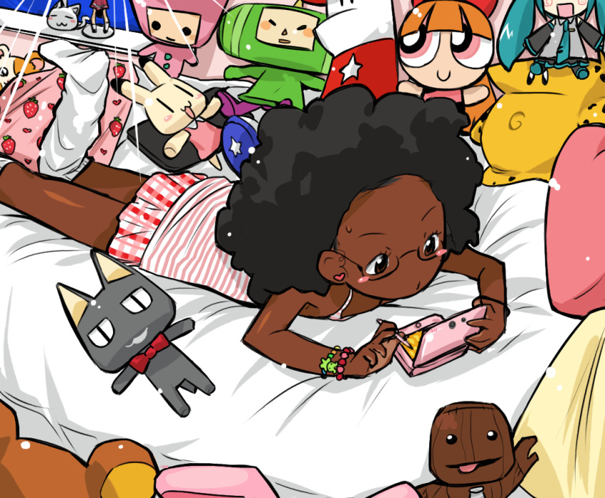 1girl, afro, black_hair, blanket, blossom_(ppg), blush_stickers, bracelet, brown_eyes