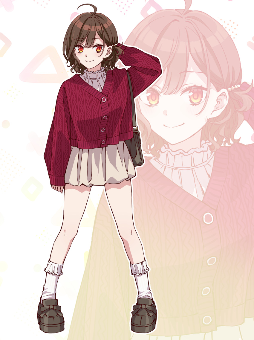 1girl, absurdres, ahoge, arm_behind_head, arm_up, bag, black_socks, bobby_socks