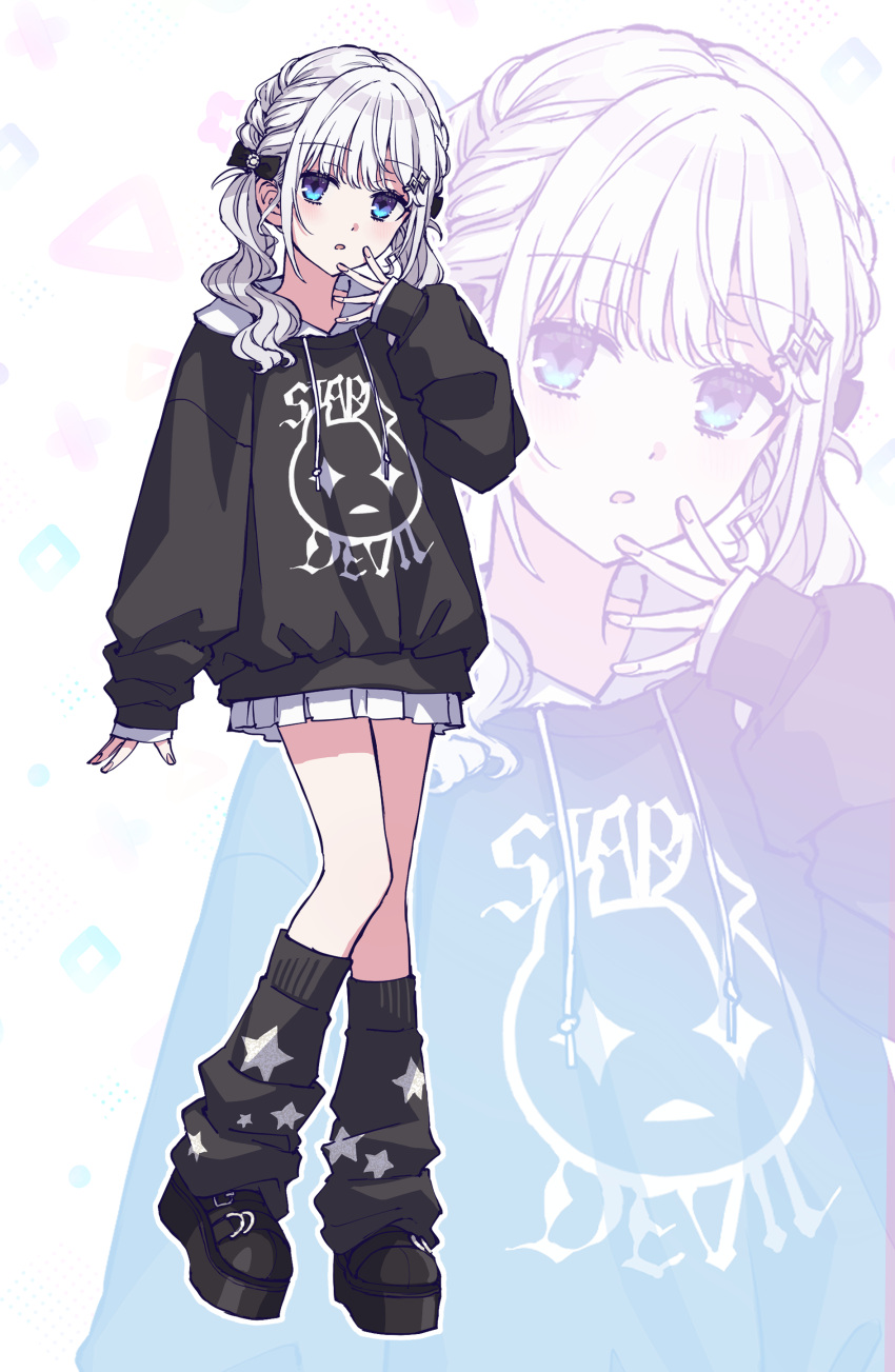1girl, :o, absurdres, black_bow, black_hoodie, black_shoes, black_socks, blue_eyes