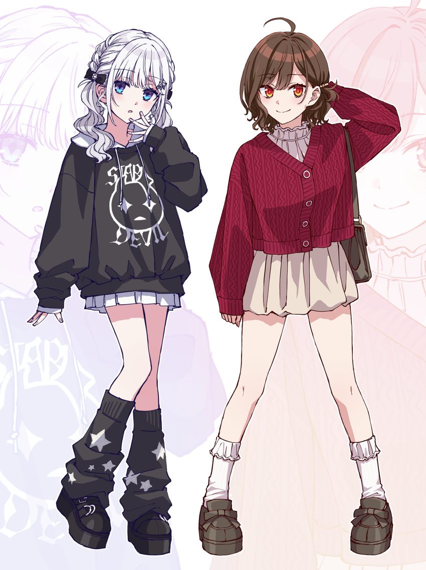 2girls, :o, absurdres, ahoge, arm_behind_head, arm_up, bag, black_bow