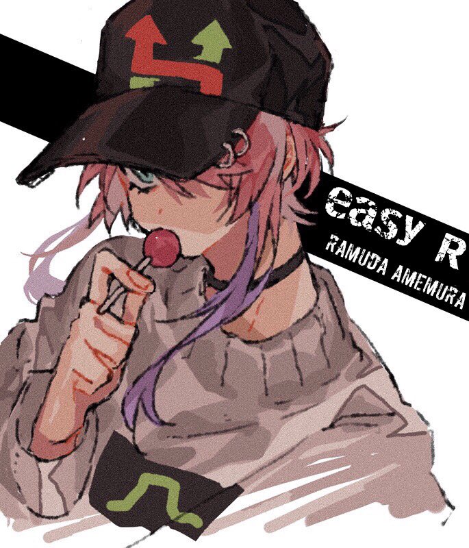 1boy, amemura_ramuda, amemura_ramuda_(tdd_era), baseball_cap, black_choker, black_hat, blue_eyes, candy, character_name, choker, commentary_request, cropped_shoulders, expressionless, film_grain, fingernails, food, hair_over_one_eye, hand_up, hat, holding, holding_candy, holding_food, holding_lollipop, hypnosis_mic, kuroneko0309252, lollipop, long_sleeves, looking_at_viewer, male_focus, multicolored_hair, official_alternate_costume, pink_hair, print_hat, print_sweater, purple_streaks, short_hair_with_long_locks, simple_background, sketch, solo, streaked_hair, sweater, swept_bangs, white_background, white_sweater