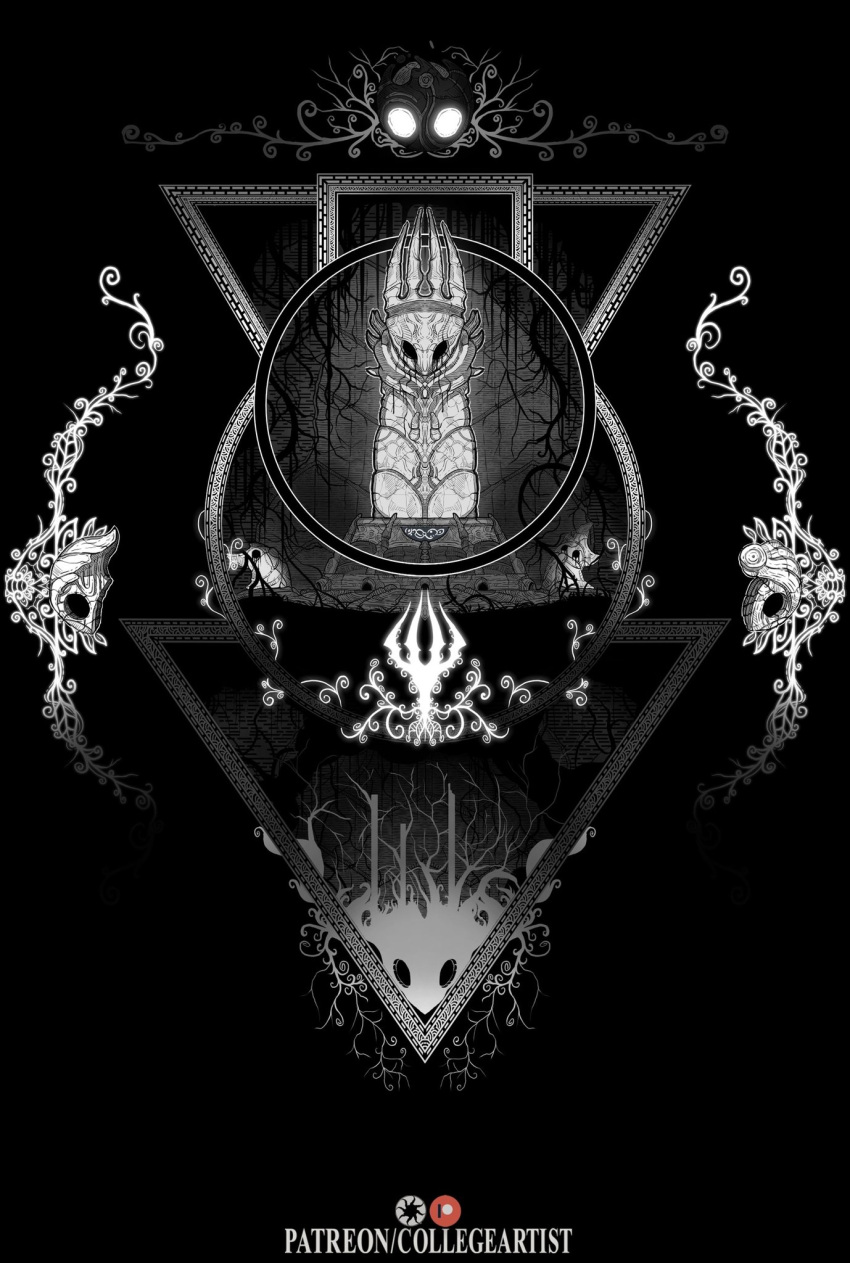 1boy, 1girl, artist_name, black_eyes, black_skin, blank_eyes, collegeartist1, colored_skin, commentary, crown, english_commentary, glowing, glowing_eyes, grey_wall, highres, hollow_eyes, hollow_knight, horns, looking_at_viewer, pale_king_(hollow_knight), patreon_username, straight-on, tentacles, white_lady_(hollow_knight)