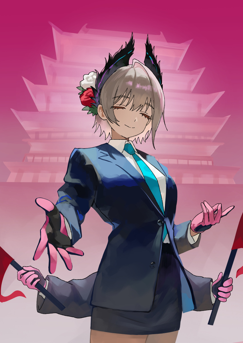 1girl, absurdres, alternate_costume, aqua_necktie, arknights, black_gloves, black_jacket, black_skirt
