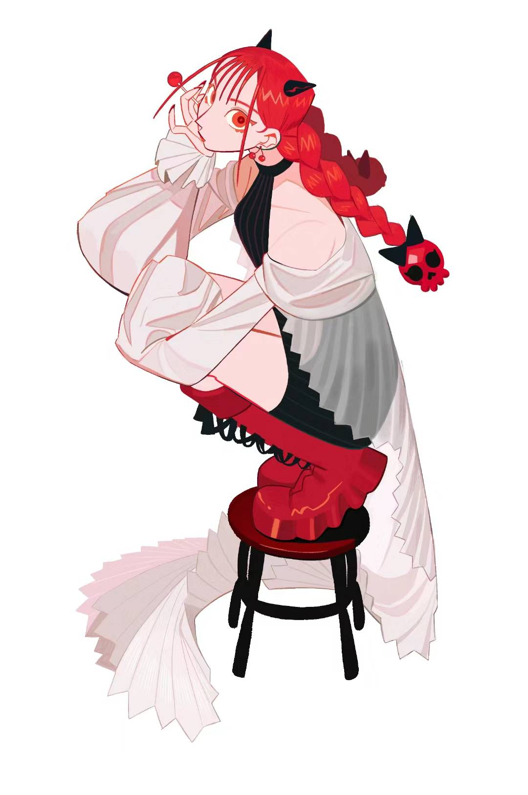 bare_shoulders, black_dress, boots, braid, candy, chair, cherry_earrings, coat, commentary, demon_girl, demon_horns, detached_sleeves, dingnin98201637, dress, earrings, food, food-themed_earrings, full_body, hair_ornament, highres, holding, holding_candy, holding_food, holding_lollipop, horns, jewelry, lollipop, on_chair, original, red_boots, red_eyes, red_hair, see-through_clothes, see-through_coat, simple_background, sitting, skull_hair_ornament, sleeveless, sleeveless_dress, squatting, symbol-only_commentary, twin_braids, twintails, white_background, white_coat