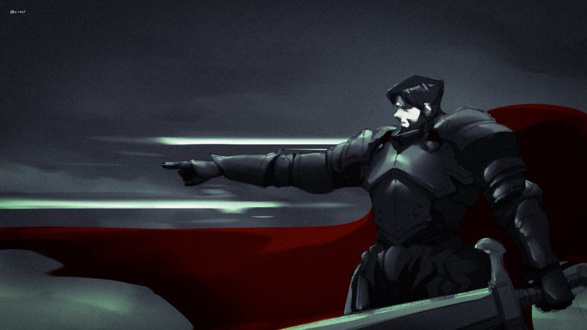 1boy, absurdres, anvil_(shadow_slave), armor, beard, black_hair, c.rcel, cape