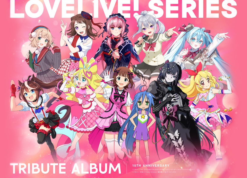 6+girls, :d, ado_(utaite), ahoge, aikatsu!, aikatsu!_(series), amami_haruka, animal_ears, ascot, bang_dream!, bare_shoulders, beret, black_bow, black_dress, black_hair, black_skirt, black_thighhighs, blonde_hair, blue_ascot, blue_eyes, blue_hair, blunt_bangs, bokura_wa_ima_no_naka_de, bow, bow-shaped_hair, bowtie, breasts, brown_hair, buttons, capelet, center_frills, chando_(ado), closed_mouth, clothing_cutout, collarbone, collared_shirt, cosplay, cure_idol, deerstalker, double-breasted, dress, fingerless_gloves, floating_hair, frilled_shirt, frilled_thighhighs, frills, gloves, green_eyes, grey_hair, grey_hat, grey_jacket, grey_sailor_collar, grey_skirt, hair_bow, hair_ornament, hair_rings, hairband, hairclip, hat, hatsune_miku, high_ponytail, highres, higuchi_kaede, holding, holding_microphone, holding_sketchbook, horse_ears, horse_girl, horse_tail, horseshoe, hoshimiya_ichigo, houndstooth, idolmaster, idolmaster_(classic), indie_virtual_youtuber, izumi_konata, jacket, kaf_(kamitsubaki_studio), kamitsubaki_studio, kimi_to_idol_precure, kira-kira_sensation!, kosaka_honoka, kosaka_honoka_(cosplay), large_breasts, leg_up, long_hair, love_live!, love_live!_nijigasaki_high_school_idol_club, love_live!_school_idol_project, love_live!_sunshine!!, love_live!_superstar!!, low_twintails, lucky_star, medium_breasts, microphone, midriff, miniskirt, multiple_girls, navel, nijisanji, official_art, open_mouth, parallel_hairclips, pink_background, pink_bow, pink_dress, pink_hair, pink_vest, pinstripe_jacket, pinstripe_pattern, pinstripe_skirt, plaid_capelet, plaid_clothes, plaid_skirt, pleated_skirt, pom_pom_(clothes), pom_pom_hair_ornament, ponytail, precure, puffy_short_sleeves, puffy_sleeves, purple_dress, red_bow, red_bowtie, red_eyes, red_gloves, red_hairband, red_hat, red_skirt, rounded_collar, running, sailor_collar, sakura_uta_(precure), school_uniform, shigure_ui_(1st_costume)_(vtuber), shigure_ui_(vtuber), shirt, short_dress, short_sleeves, shoulder_cutout, sketchbook, skirt, sleeveless, sleeveless_dress, smile, split_mouth, standing, start!!_true_dreams_(love_live!), tail, thigh-highs, tokai_teio_(umamusume), toyama_kasumi, twintails, uehara_ayumu, uehara_ayumu_(cosplay), umamusume, uranohoshi_school_uniform, very_long_hair, vest, violet_eyes, virtual_youtuber, vocaloid, walking_dream, white_bow, white_shirt, white_streaks, white_thighhighs, winter_uniform, yellow_bow