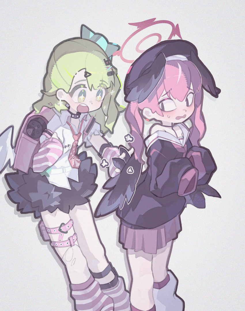 <|>_<|>, 2girls, 2ho, absurdres, backpack, bag, black_hat, black_wings, blue_archive, chinatsu_remiel, grabbing_another's_wing, green_eyes, green_hair, hair_ornament, hairclip, halo, hat, head_wings, highres, koharu_(blue_archive), long_hair, multiple_girls, necktie, open_mouth, pink_hair, pink_skirt, randoseru, red_halo, red_necktie, shirt, simple_background, skirt, sleeves_past_fingers, sleeves_past_wrists, standing, twintails, white_shirt, wings, zenless_zone_zero