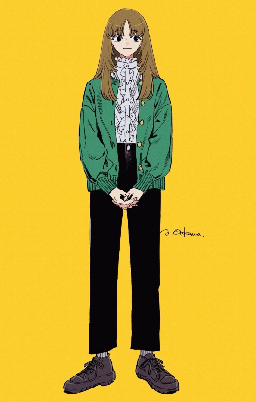 1girl, artist_name, black_eyes, black_pants, brown_hair, commentary_request, full_body, green_jacket