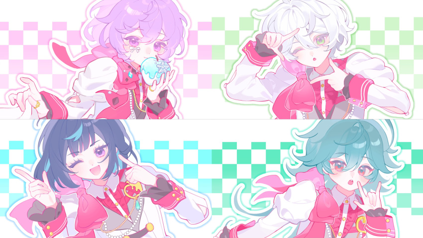 4boys, \m/, absurdres, animation_meme, apple, aqua_hair, beads, black_hair