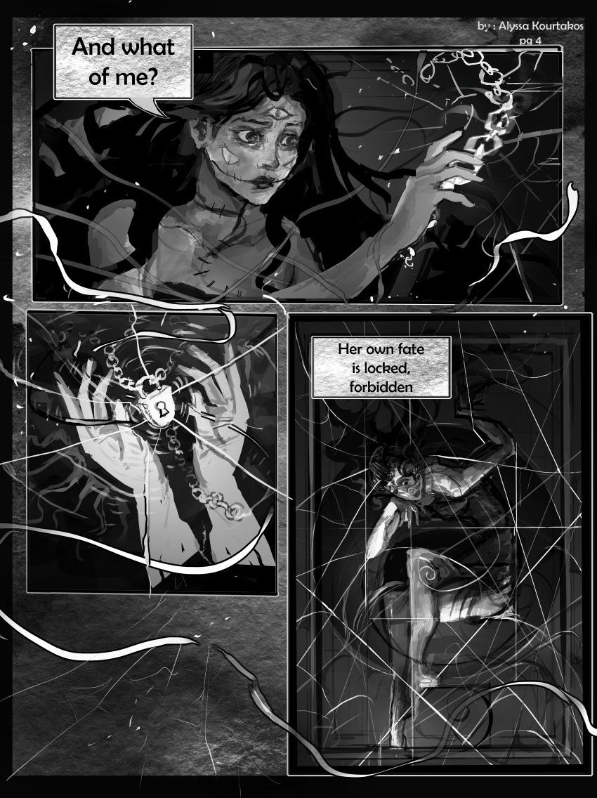 1girl, absurdres, alyssa120, bad_link, chain, dress, english_text, entangled, extra_eyes, glasgow_smile, greyscale, highres, leaning_forward, lock, long_hair, monochrome, outstretched_hand, shadow_slave, weaver_(shadow_slave)