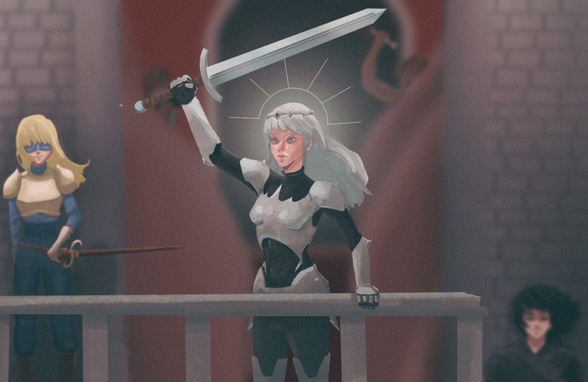 1boy, 2girls, against_wall, armor, balcony, black_hair, blindfold, blonde_hair