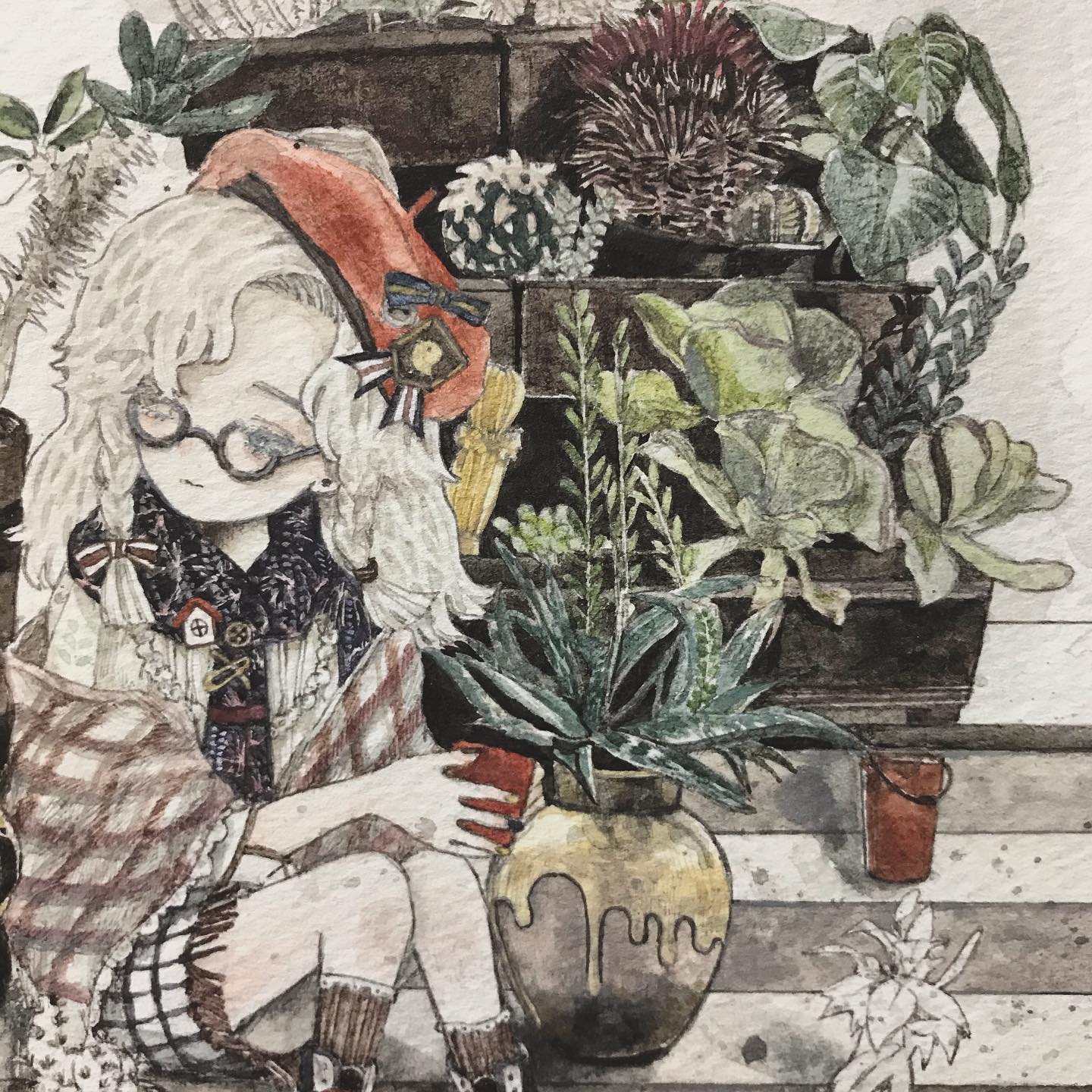 1girl, acrylic_paint_(medium), aloe_(plant), badge, beret, blouse, boots, bow