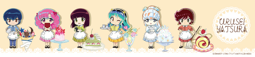 6+girls, :d, ;), benten_(urusei_yatsura), blue_eyes, blue_hair, blue_pants, blue_shirt