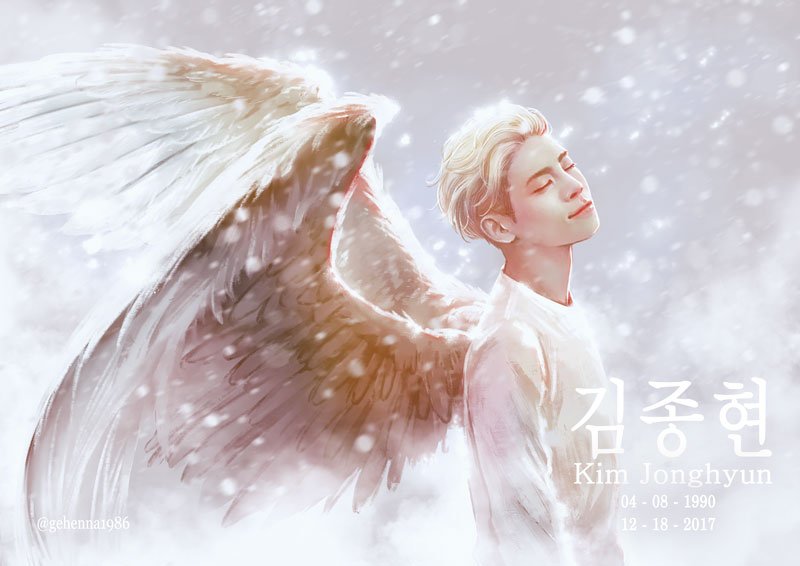 1boy, artist_name_(singer), blonde_hair, closed_eyes, commentary, dated, english_commentary, gehenna1986, jonghyun, male_focus, profile, real_life, shinee, shirt, smile, snowing, solo, tribute, twitter_username, undercut, upper_body, white_shirt, wings