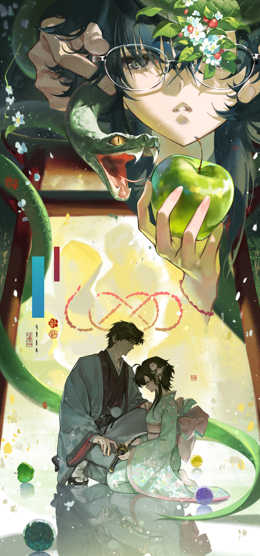 1boy, 1girl, absurdres, animal, apple, ball, black_hair, fingernails