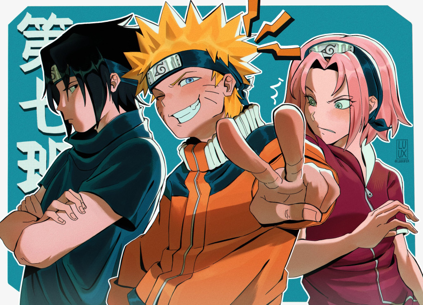 1girl, 2boys, black_hair, blonde_hair, flak_jacket, forehead_protector, haruno_sakura, highres